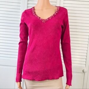 3/$25 XCIT U.S.A. Dark Pink Embellished V-Neck Shirt Size Large